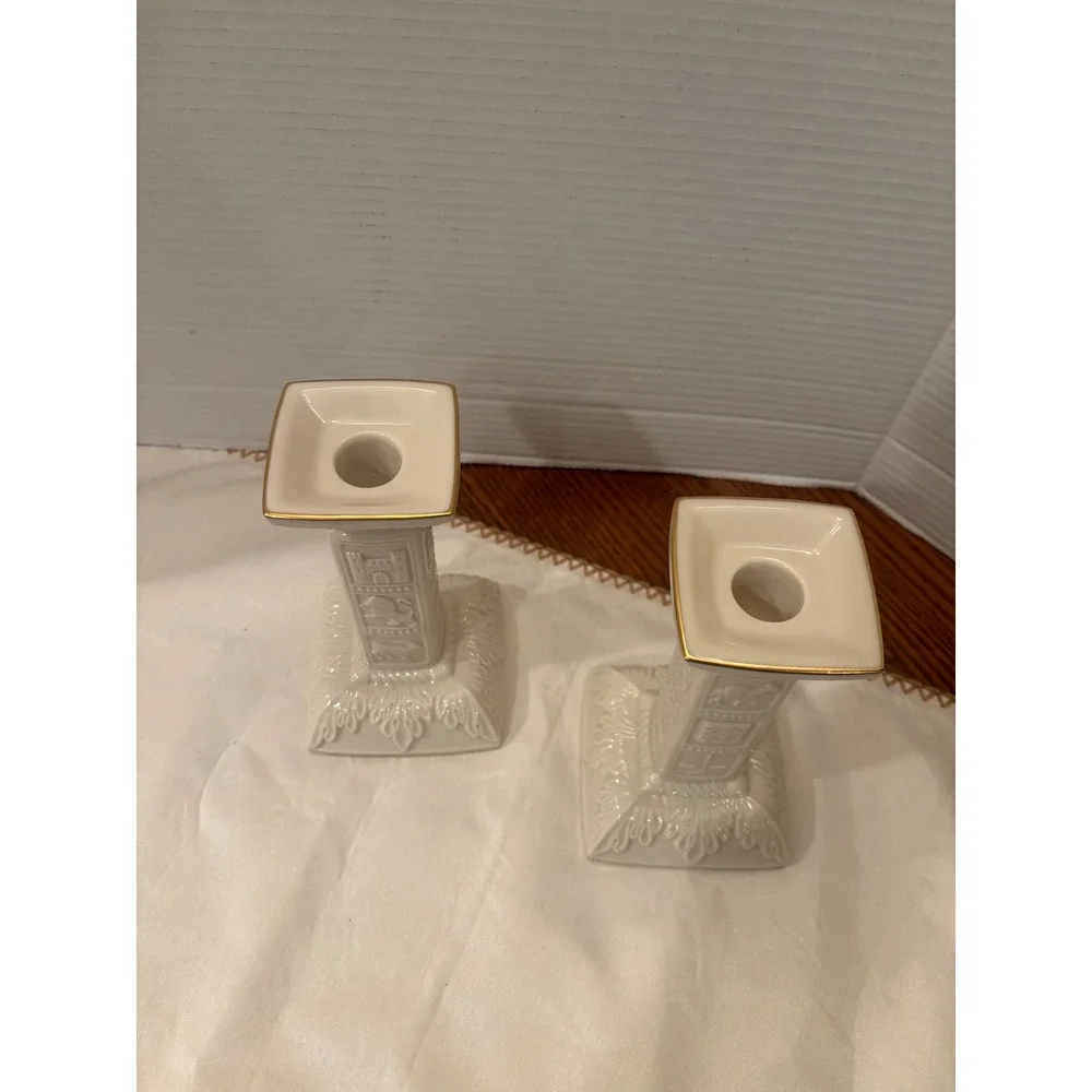 Lenox Twelve Tribes of Israel Candlesticks Ivory Gold Trim Set of 2 USA Made7.5" - Picture 6 of 15